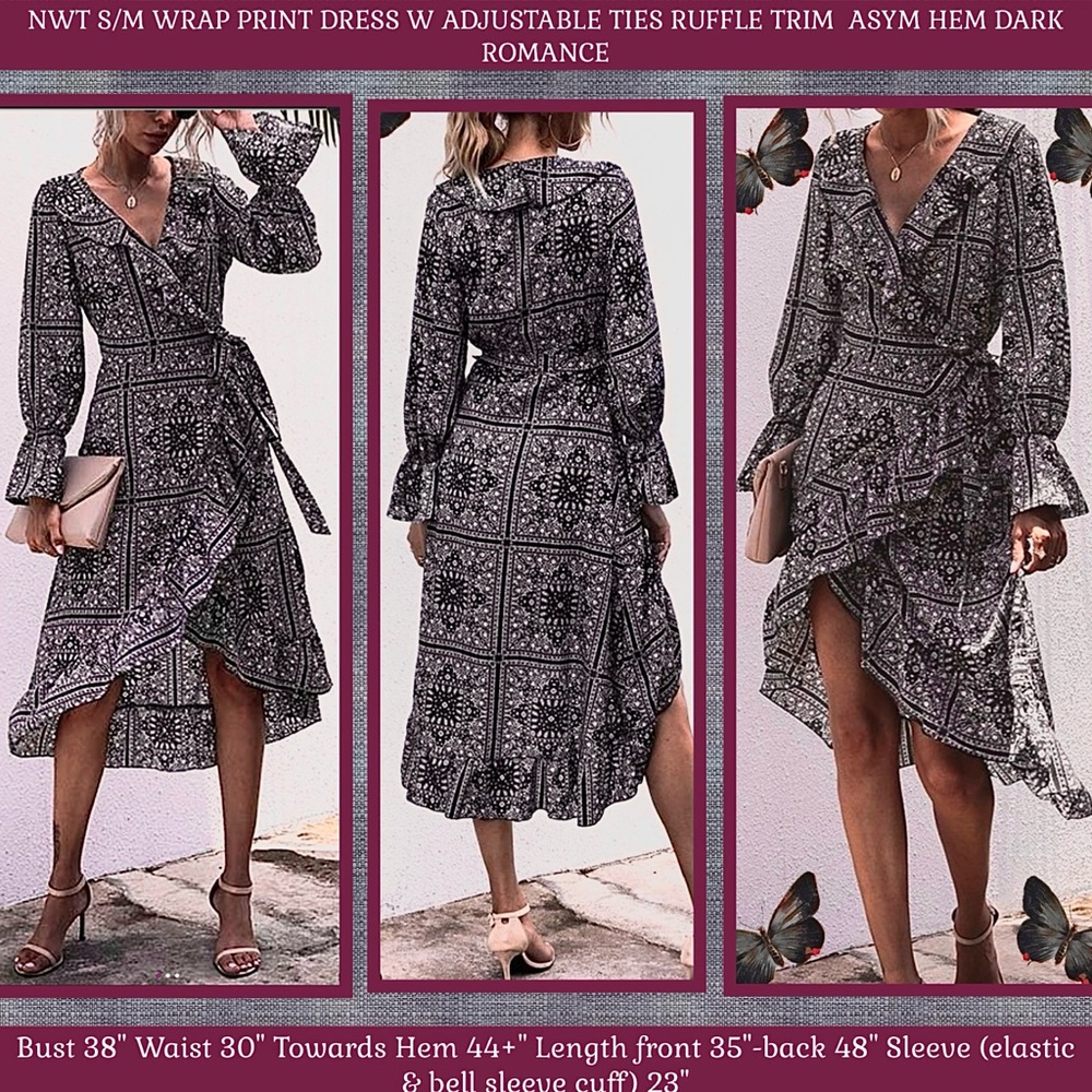 NWT S/M WRAP PRINT DRESS W ADJUSTABLE TIES RUFFLE TRIM ASYM HEM ~WORK-COCKTAILS~